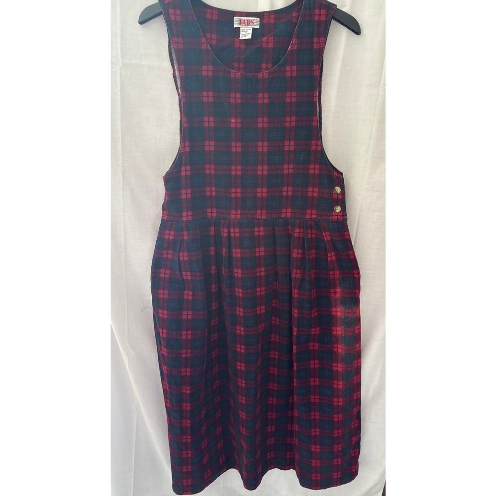 Fads Vintage 90s Red Blue Plaid Corduroy Jumper Style Dress Pockets Small